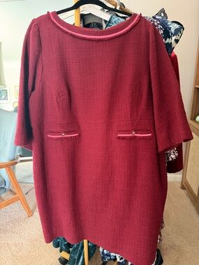 J. Crew Burgundy Tweed Long Sleeve Shift Dress with Pink Trim